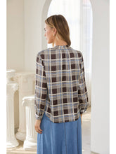 Load image into Gallery viewer, Brown + Blue Plaid Tie Neck Top