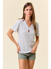 Load image into Gallery viewer, Grey Linen Stripe Keyhole Tee