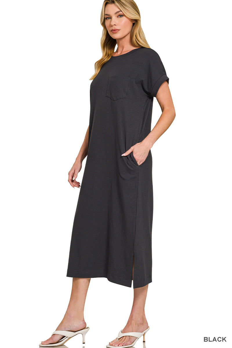 Sybaritic Boutique | Zenana Round Neck Short Sleeve Midi Dress, Black / M Sybaritic Boutique | Zenana Round Neck Short Sleeve Midi Dress, Black / M