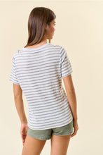 Load image into Gallery viewer, Grey Linen Stripe Keyhole Tee