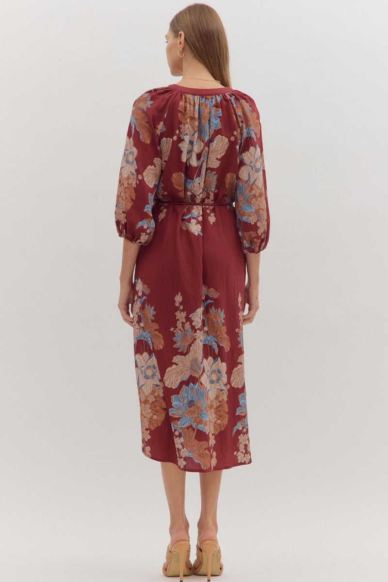 entro long sleeve dress Entro Burgundy Floral Midi Dress Small