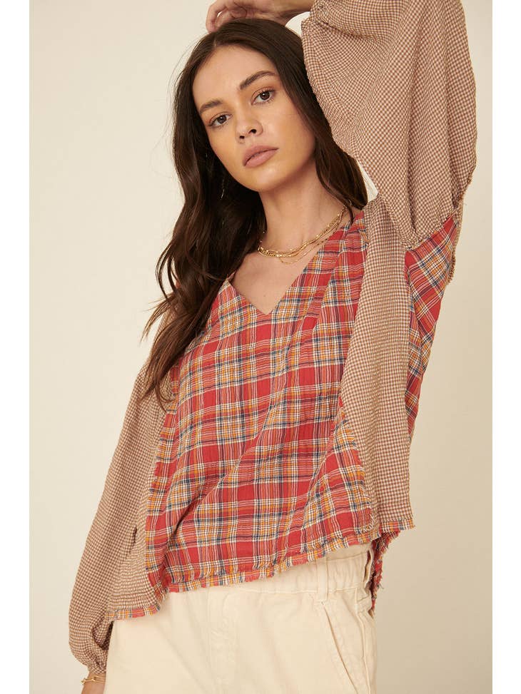 Red Contrast Plaid Top
