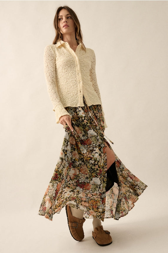 Promesa Smocked Floral Button Skirt