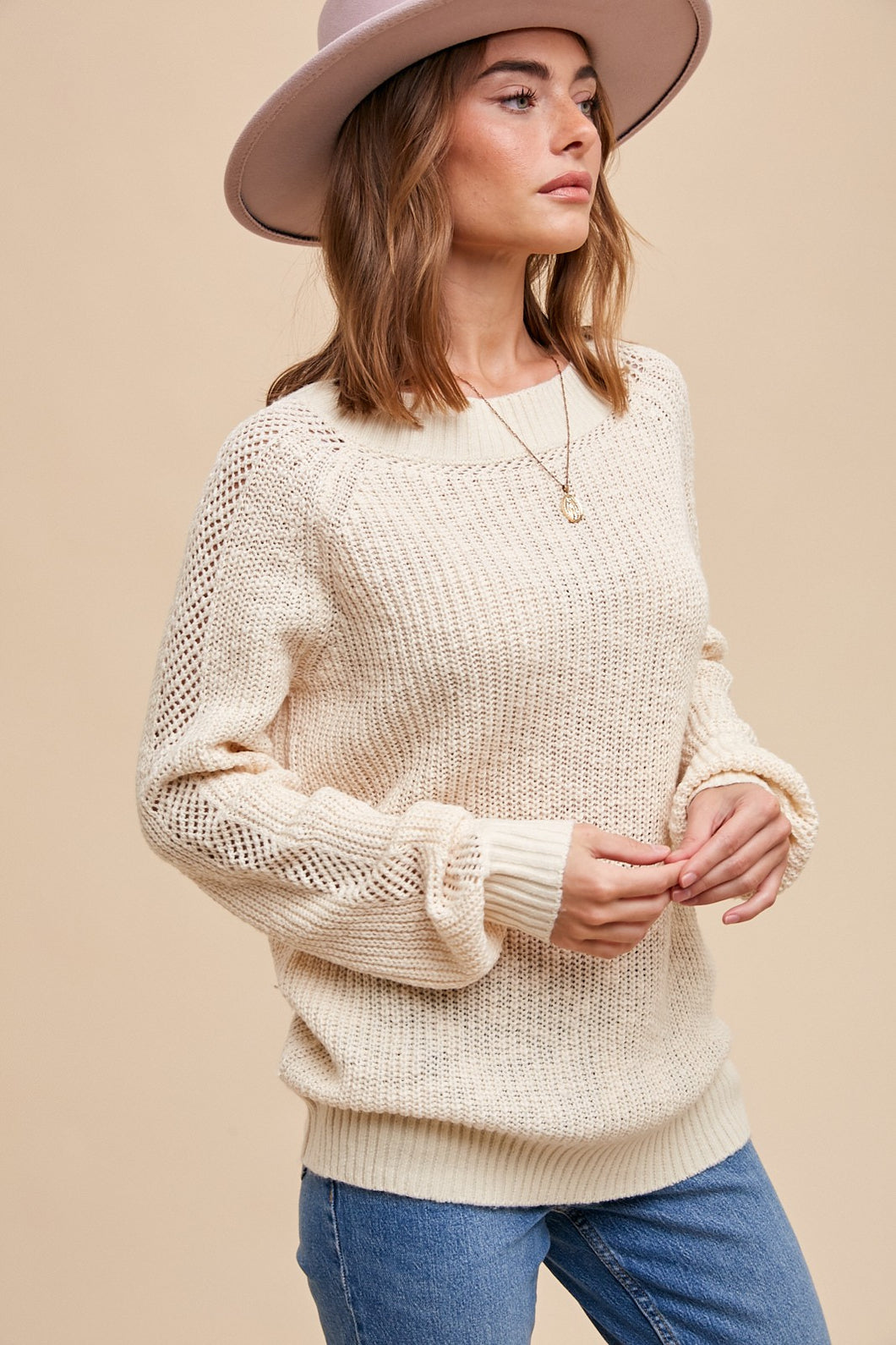 Cream Sheer Panel Sweater