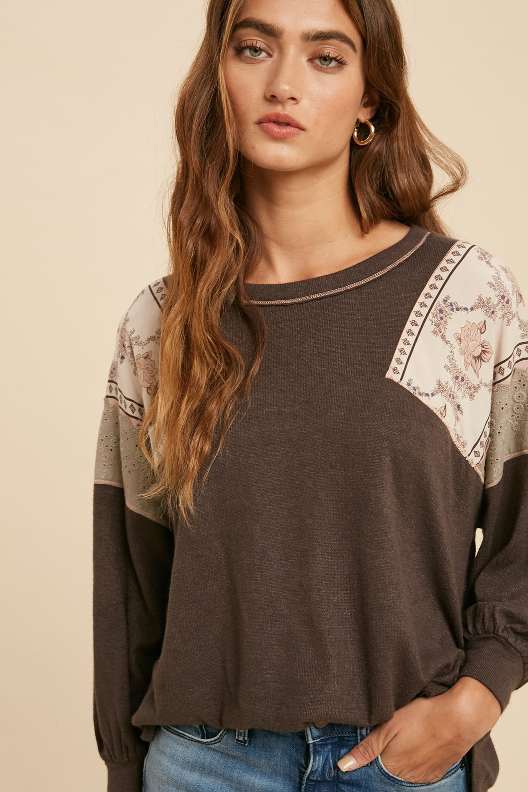 Charcoal Eyelet + Floral Panel Top