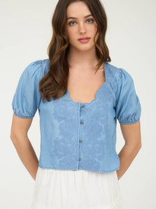 Scalloped Embroidered Chambray Top