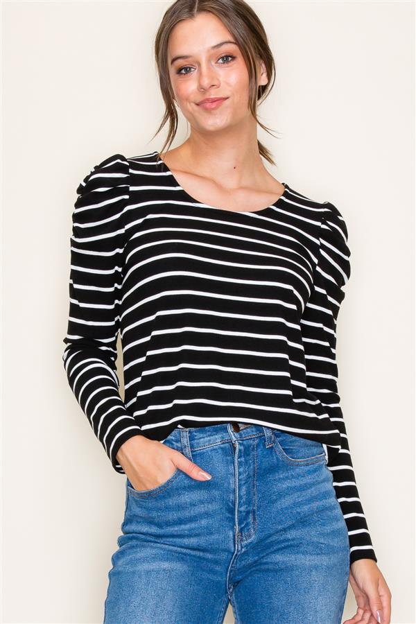 Black Striped Puff Sleeve Top