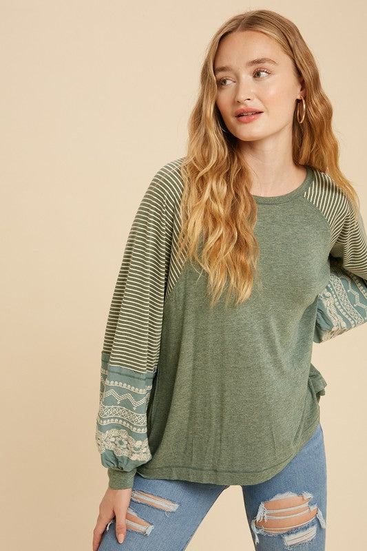 Heather Green Embroidered Sleeve Top