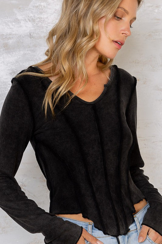 Washed Black Ribbed L/S Top