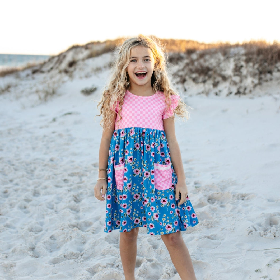 Blue + Pink Floral Dress - Kids