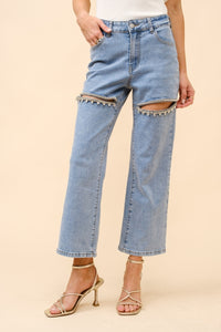 Crystal Front Slit Jeans