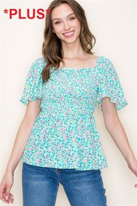 Bright Mint Smocked Floral Top - Plus