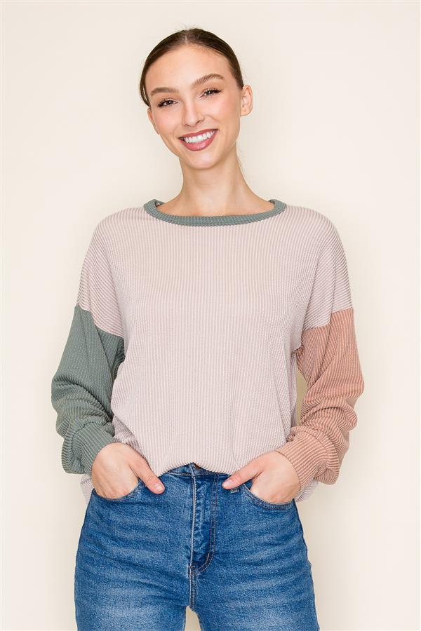 Taupe + Olive Blocked Textured Top