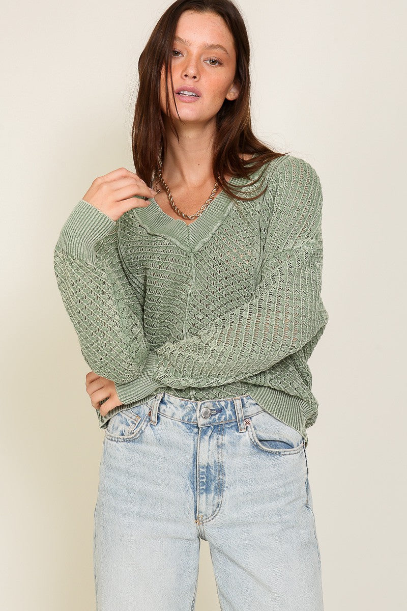 Sage Washed Open Knit Sweater