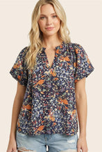 Load image into Gallery viewer, Navy Botanical Split Neck Top
