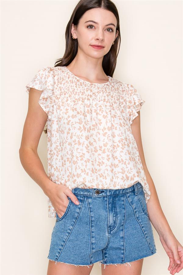 Taupe Floral Ruffle Sleeve Top