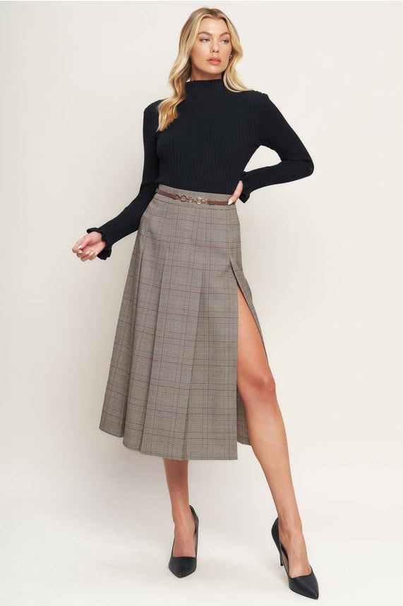 Brown Plaid Midi Skirt