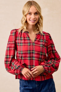 BiBi Red Plaid Balloon Sleeve Top