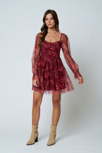 Load image into Gallery viewer, Burgundy Chiffon Floral Mini Dress
