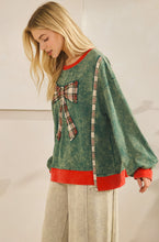 Load image into Gallery viewer, Green Washed Plaid Bow Top - Plus
