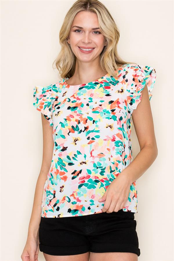 Teal + Coral Ruffle Sleeve Floral Tank