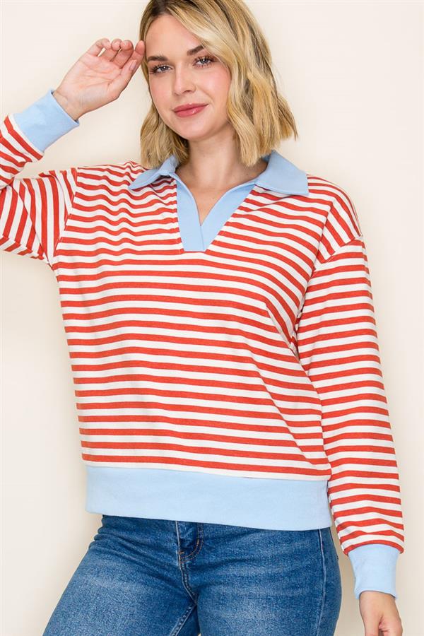 Staccato Red Striped Collared Sweatshirt