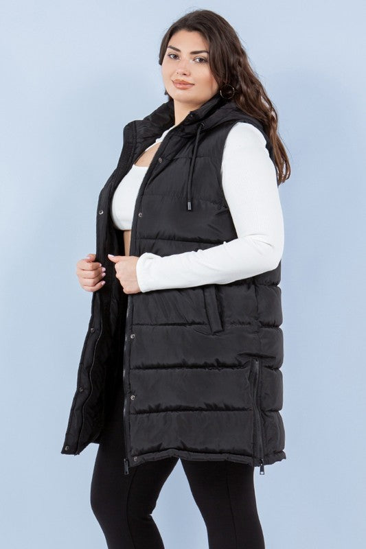 Long Black Puffer Vest - Plus