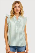 Load image into Gallery viewer, Staccato Green Stripe Ruffle Top
