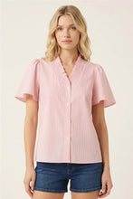 Load image into Gallery viewer, Staccato Pink Pinstripe Button Top

