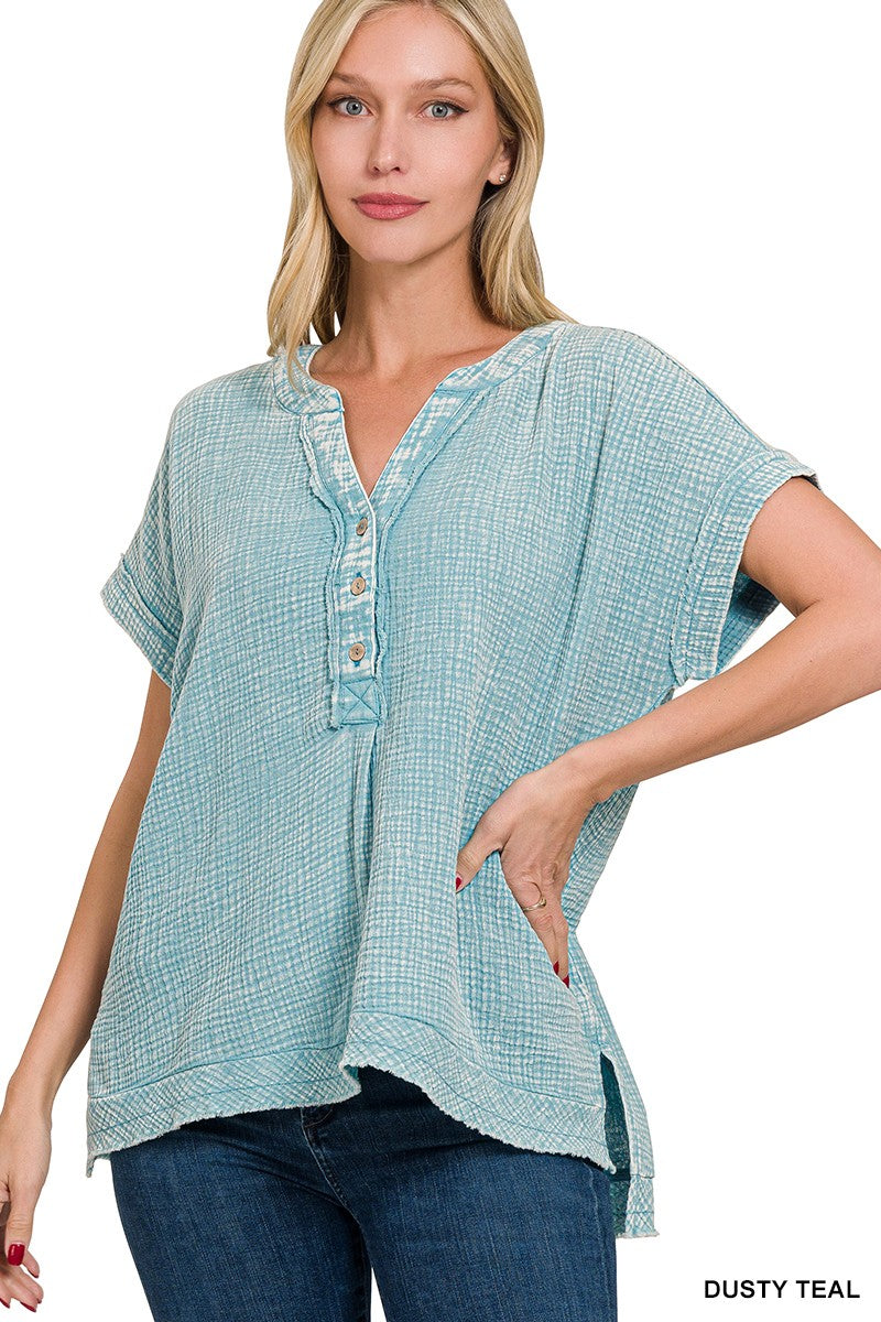 Washed Teal Gauze Top