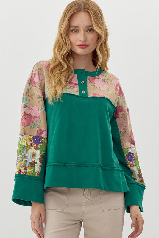 Green Mixed Floral Yoke Top