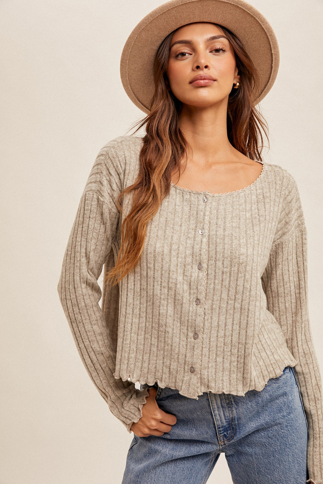 Grey Ribbed Button Top