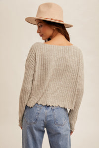 Grey Ribbed Button Top