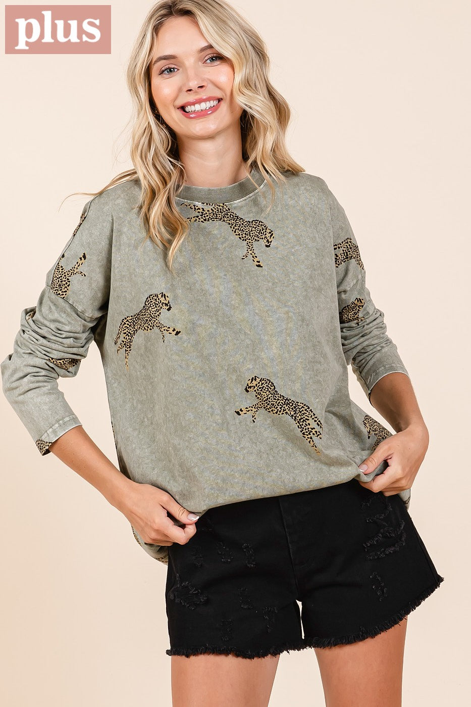 Sage Washed Leopard Top - Plus