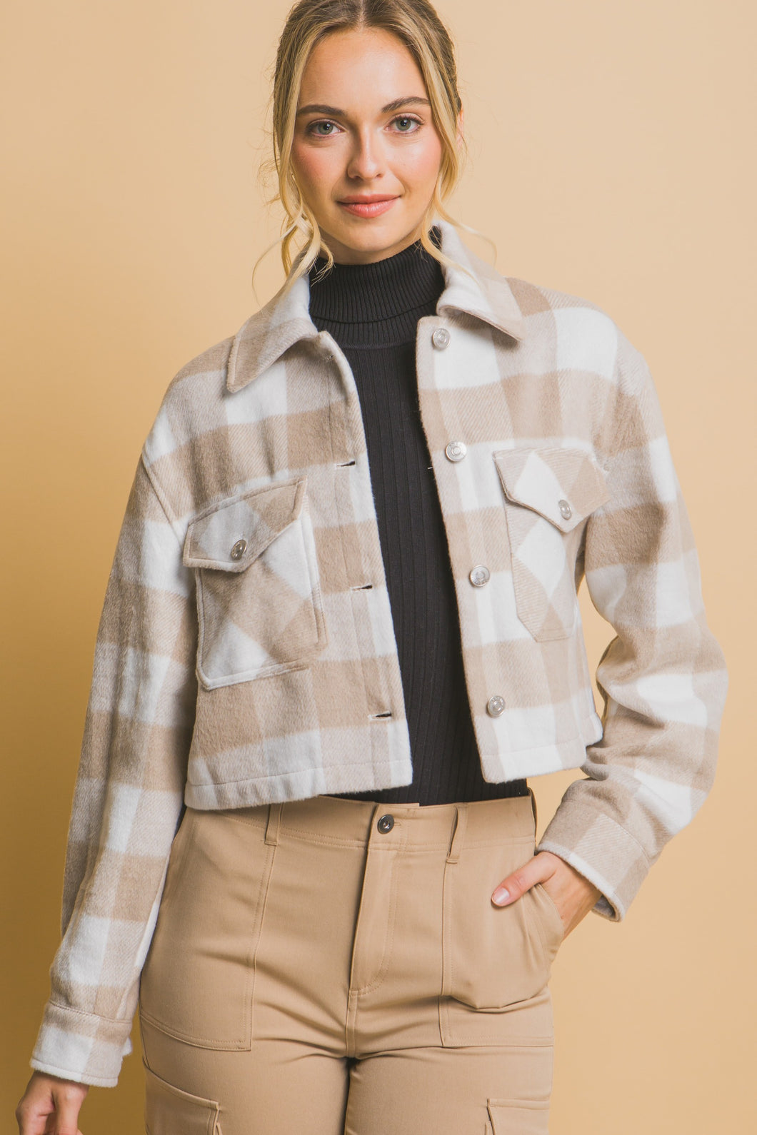 Khaki Cropped Plaid Jacket