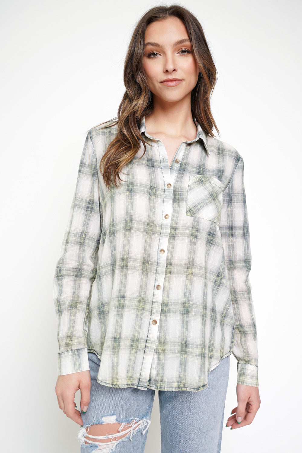 Washed Green Plaid Top