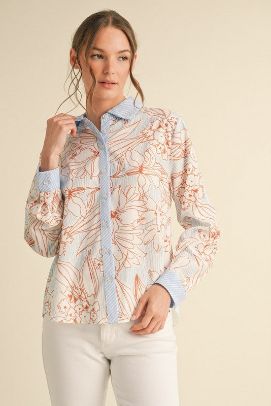 Rust + Blue Floral Button Top
