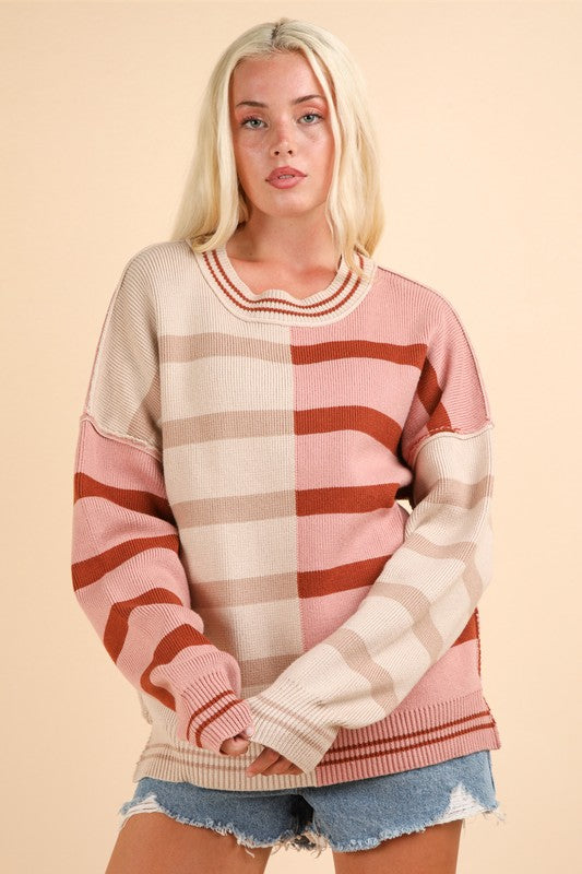 Tan + Pink Mixed Stripe Sweater