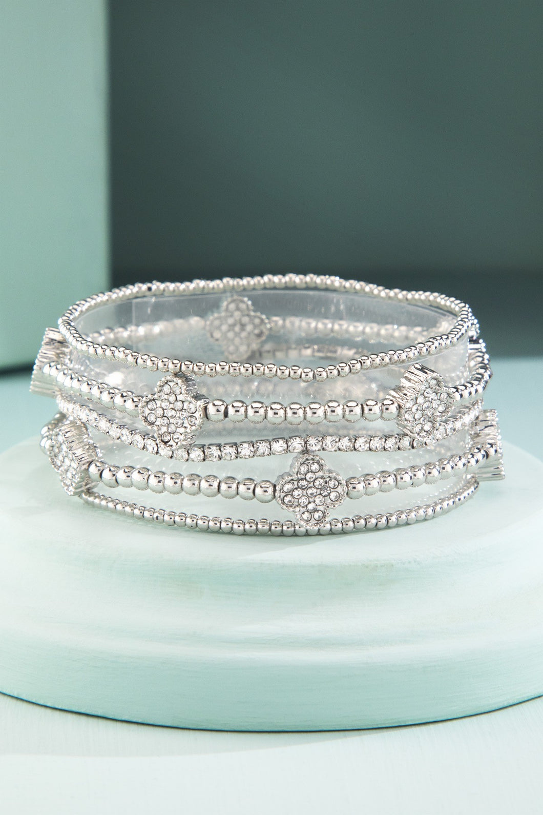 Silver Clover Pave Bracelet Stack