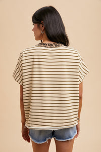 Olive Stripe Leopard Trim Tee
