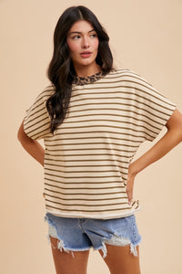 Olive Stripe Leopard Trim Tee