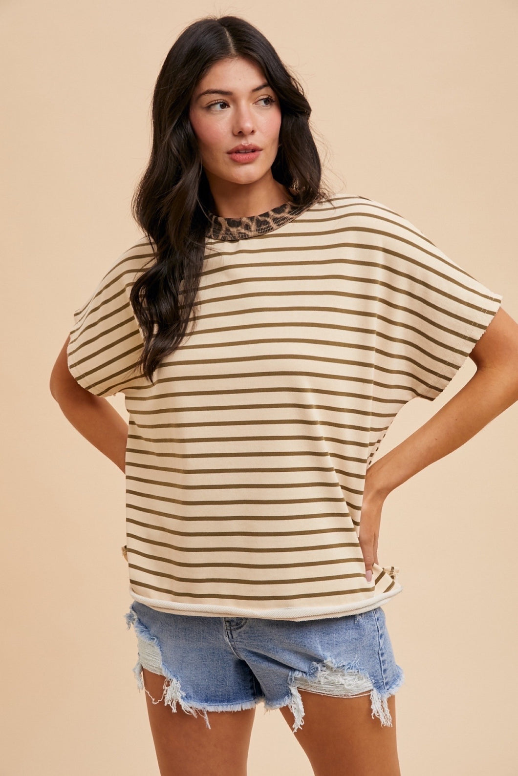 Olive Stripe Leopard Trim Tee