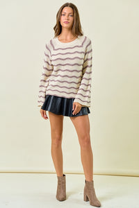 Cream Wavy Stripe Bell Sleeve Sweater