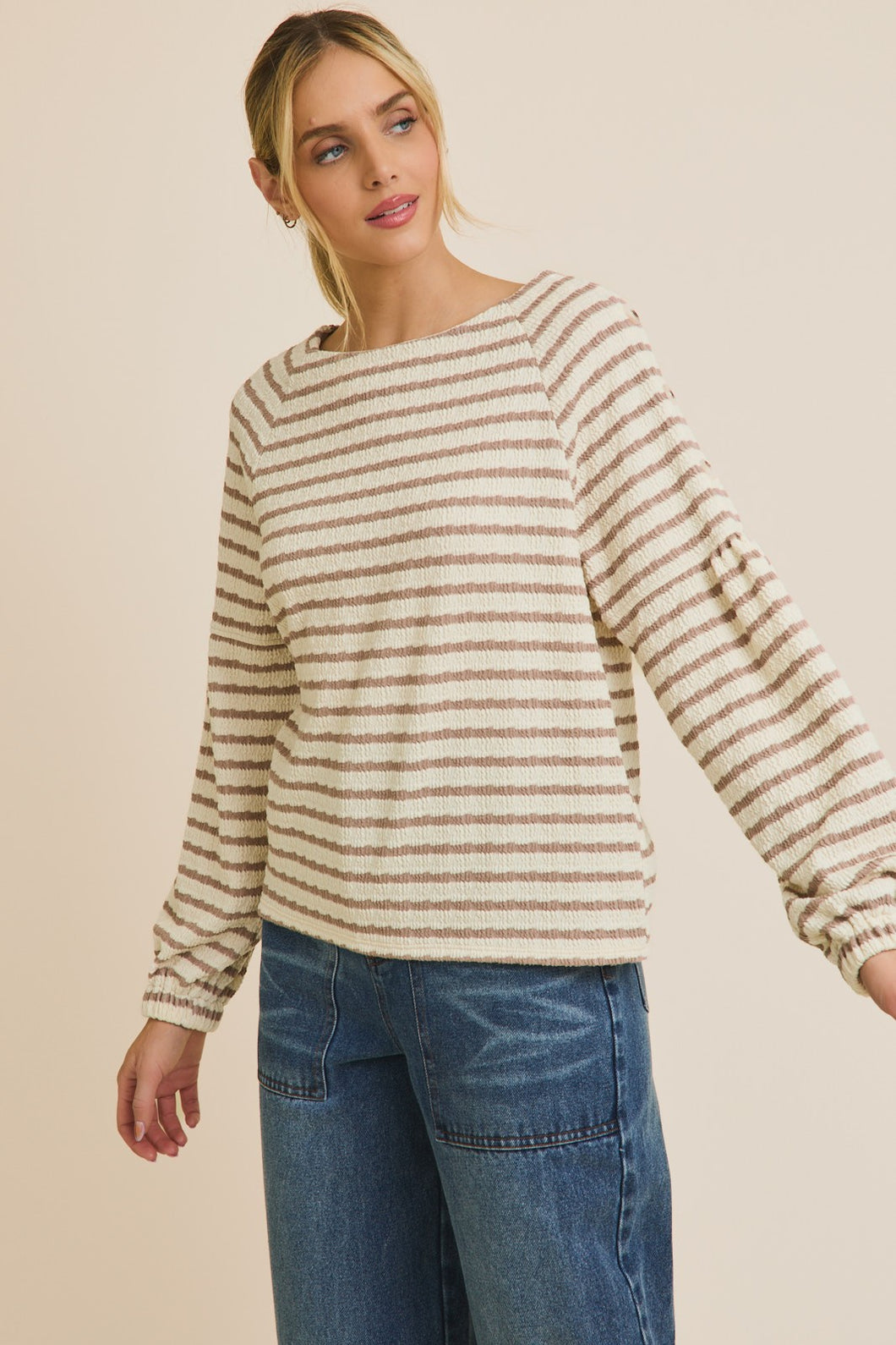 Mocha Striped Button Top