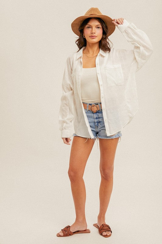 White Oversized Plaid Button Top