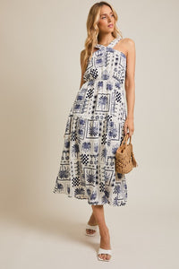 Tropical Navy Halter Dress
