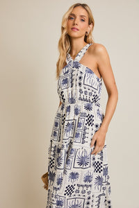 Tropical Navy Halter Dress