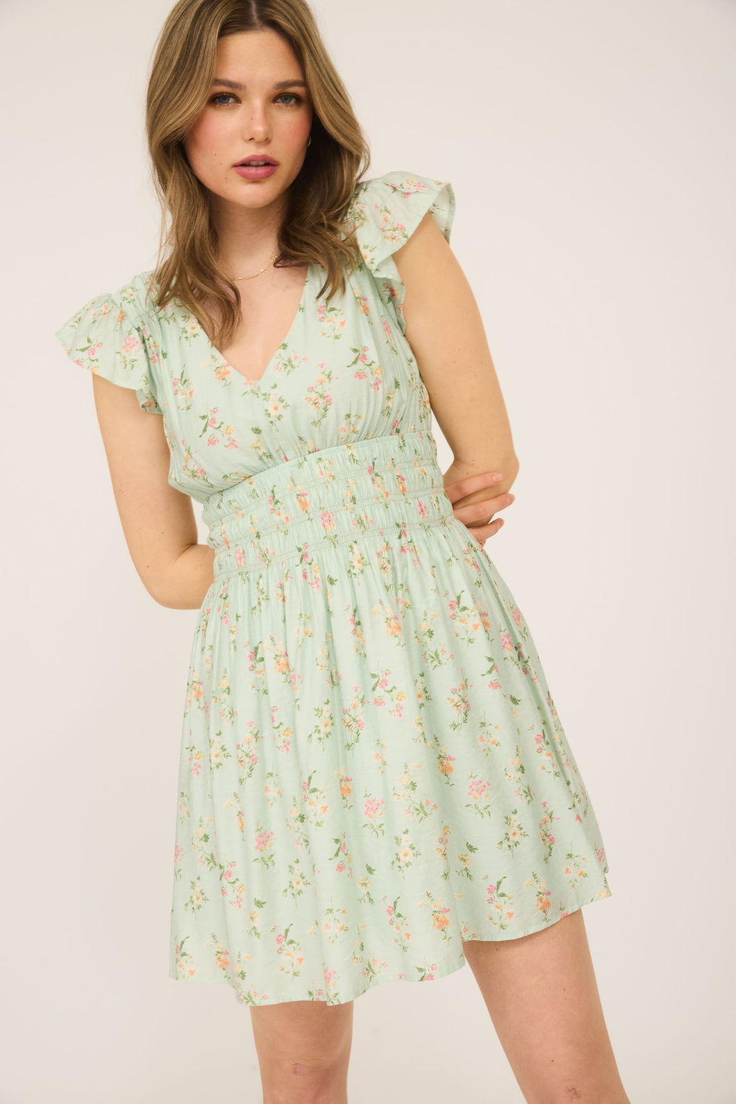 Sage Floral Smocked Waist Dress