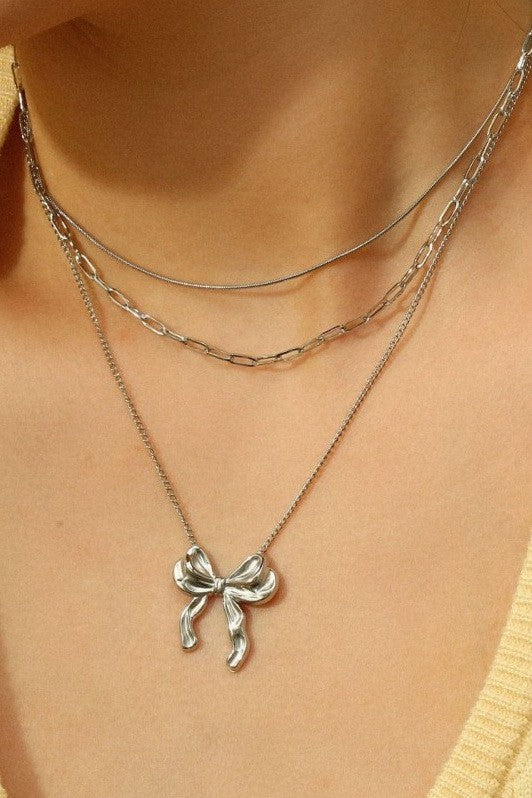 Silver Layered Bow Necklace