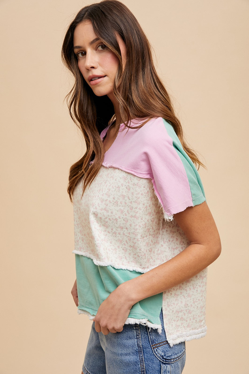 Candy + Sage Floral Blocked Top